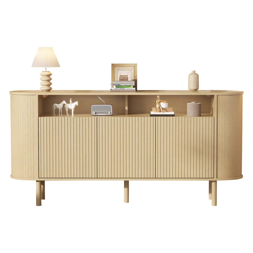 Credenza Sideboard 160 cm con 3 ante a onde, 2 vani aperti, struttura in truciolare e gambe in legno massello