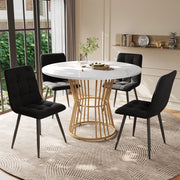 Set Tavolo da Pranzo Rotondo con 4 Sedie ¨C Xylo ¨C Piano MDF Bianco, Gambe Metallo Oro, Seduta Velluto Nero