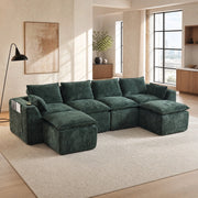 Divano modulare 322x161x75 cm combinabile con tasche laterali e cuscini in ciniglia verde