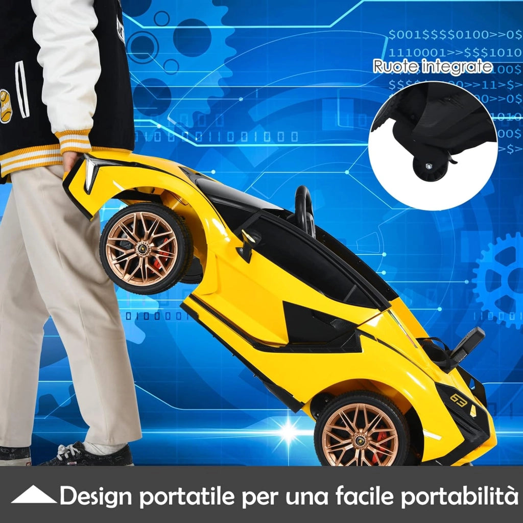 Macchina Elettrica Lamborghini per Bambini da 12V, Veicolo Elettrico Cavalcabile con Luci LED MP3 Telecomando, Fino a 5km/h, +3 Anni (Giallo)