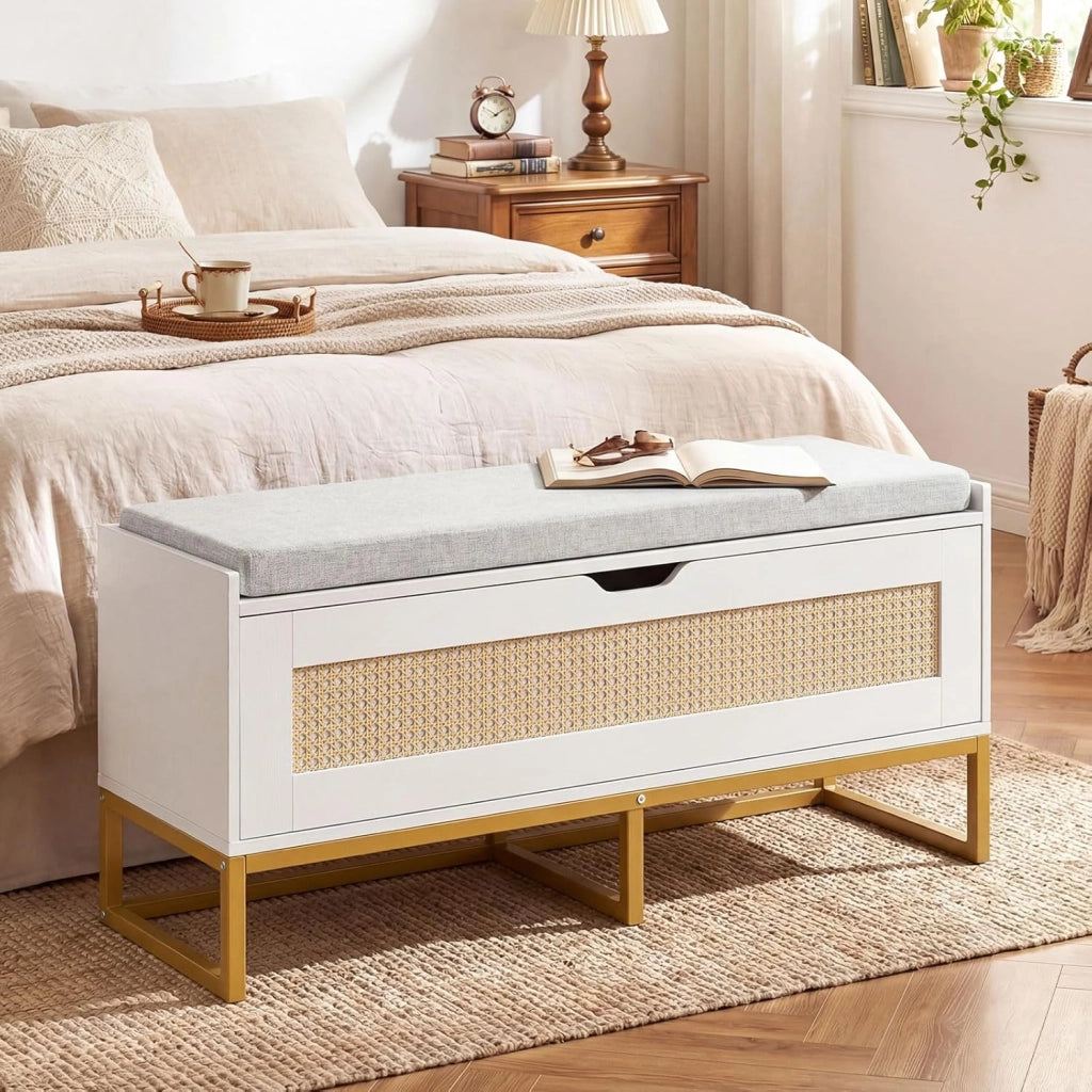 71L Panca Scarpe con Seduta Imbottita, Cassa Portaoggetti in Rattan con Coperchio Ribaltabile, Panchina da Ingresso con Spazio Nascosto, 100x35x44 cm (Bianco)