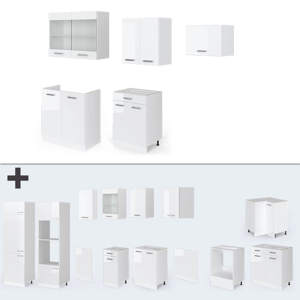Vicco Cucina componibile Bianco lucido/bianco 200 cm senza piano di lavoro