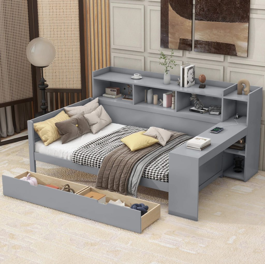 Letto 90x200 cm con scrivania, USB, presa e 2 cassetti grigio