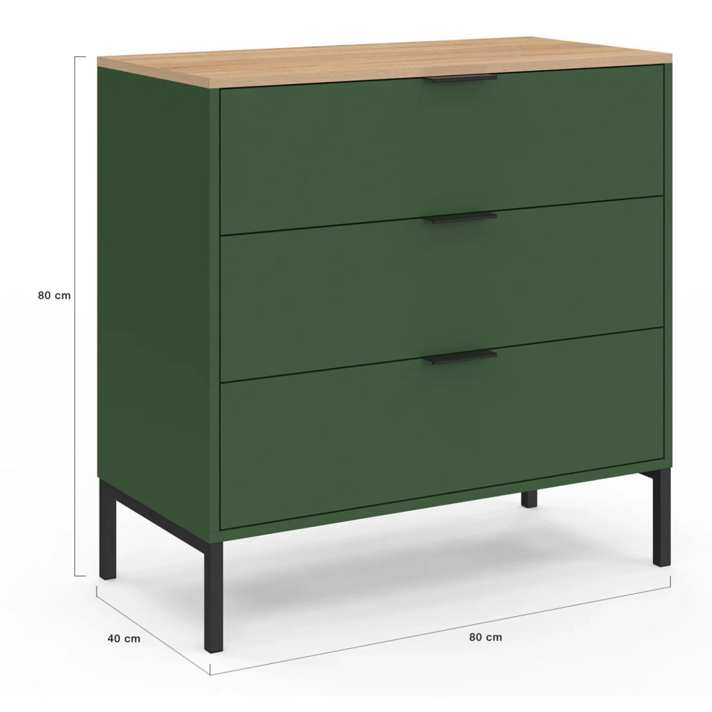 IDMarket - KELIA 80 cm cassettiera a 3 cassetti verde cachi con piano in legno
