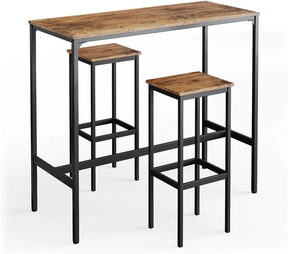 Tavolo bar con sgabelli Fyrk, Legno antico, 120 x 50 cm con 2 sgabelli da bar, adatto per banconi e piani cucina, impilabile per la conservazione