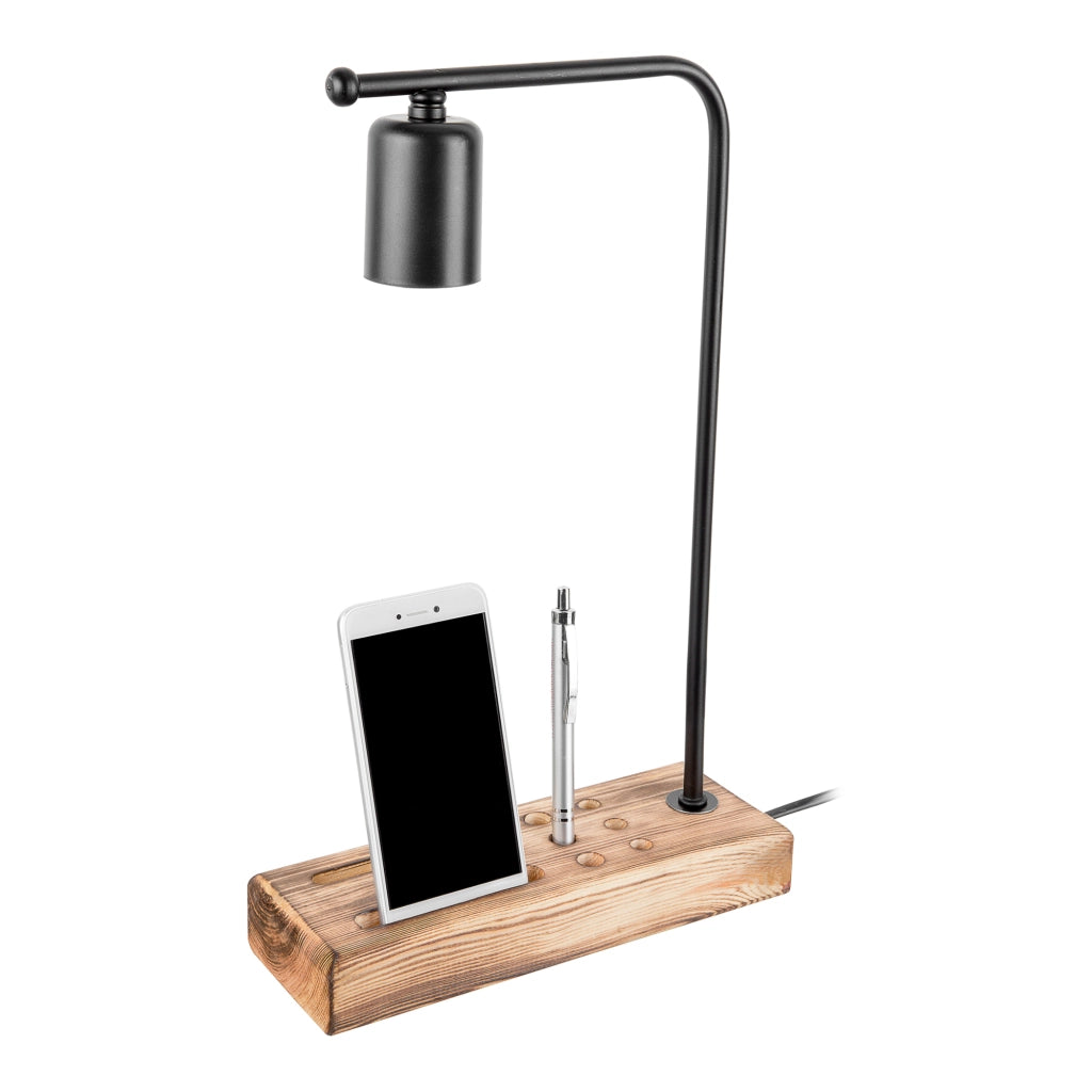 Lampada da Tavolo 'Lincoln' Senza Paralume Base in Legno con Portapenne e Porta Cellulare - Nero/Legno  [lux.pro]