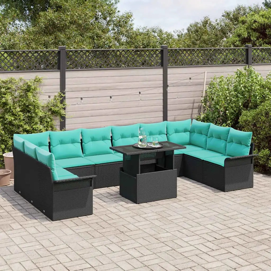 Set Divano da Giardino con cuscino 11 pcs Nero Poly Rattan