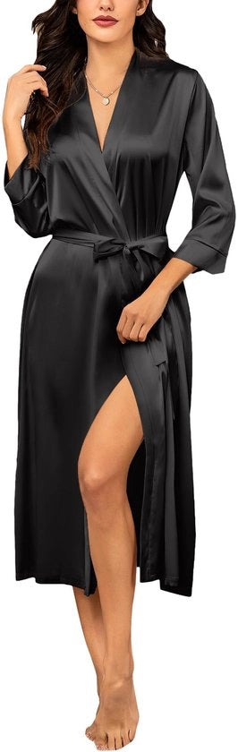 Kimono da Notte con Tasche per Donne, Leggero, Lungo, con Foulard di Seta, Nero, XXL