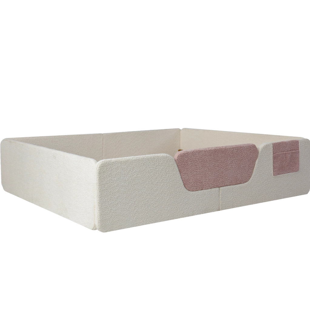 Letto imbottito 140x190 cm con spondine removibili e tasca portaoggetti in velluto beige