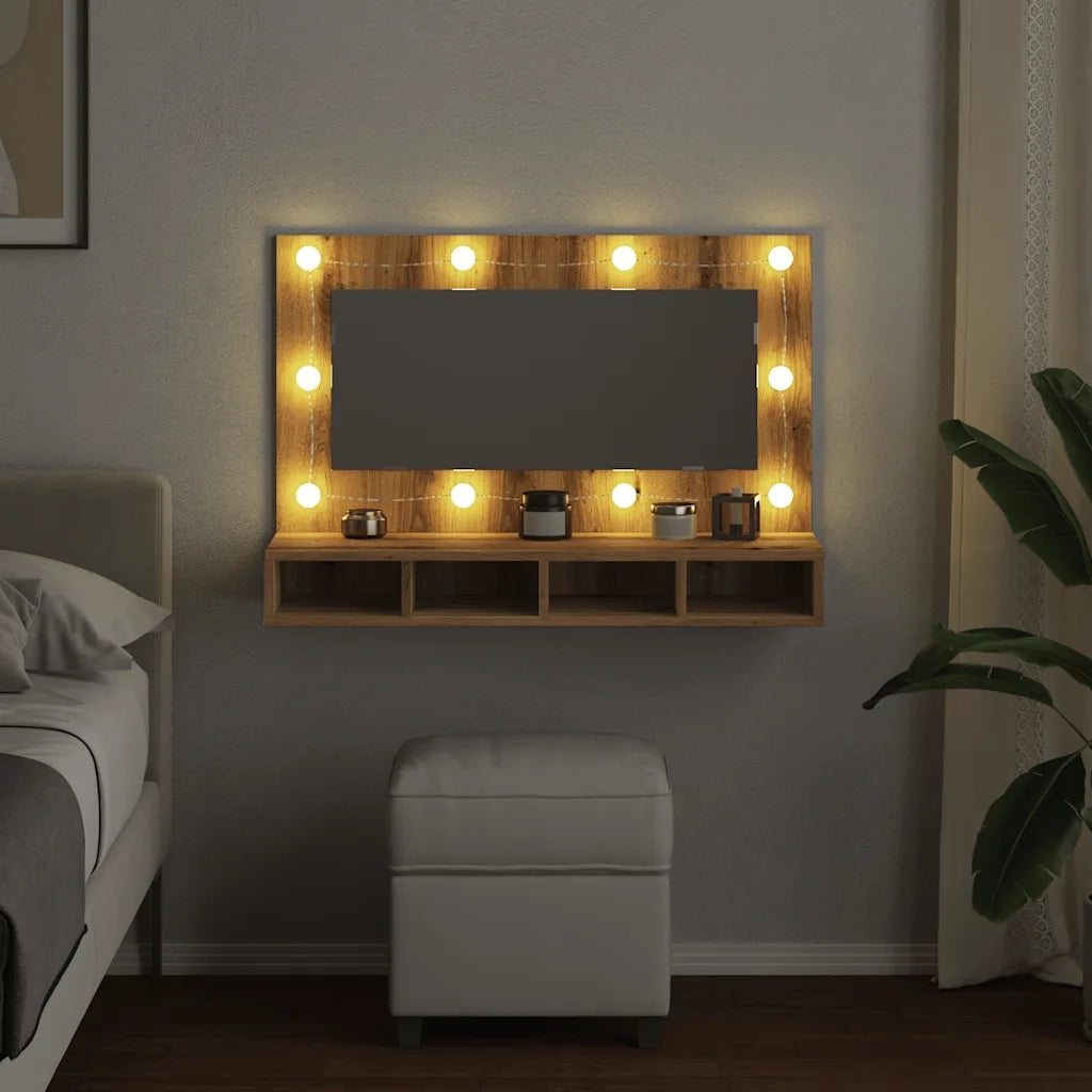 Mobiletto a specchio con LED in rovere artigianale 90x31,5x62 cm 857006
