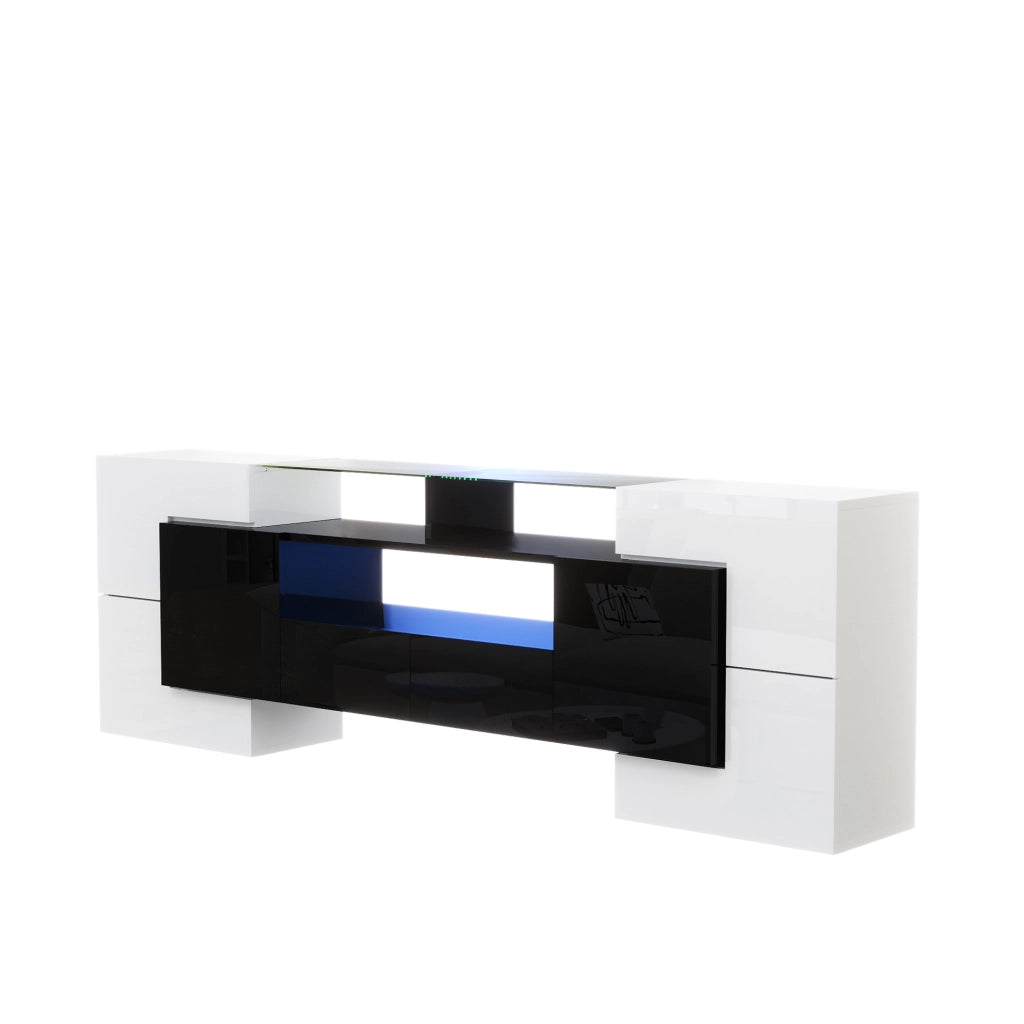 Mobile TV 200 cm bianco e nero lucido con LED, 6 ante e 2 cassetti
