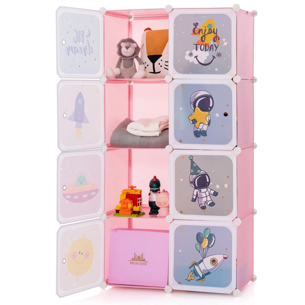 Armadio per bambini a 8 cubi con ante e sezione appendiabiti-Scaffale modulare carino per sala giochi e camera da letto Rosa