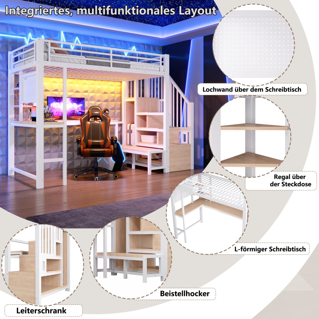Letto a castello con scrivania; pannello forato; ripiani; armadio a scala; LED e porta USB/Tipo-C; bianco; 90x200 cm; senza materasso