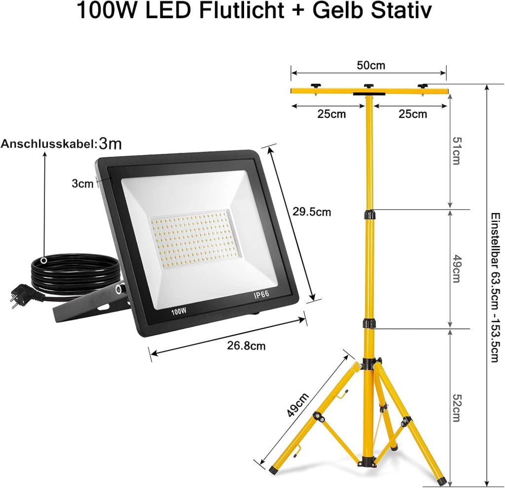 Faretto da costruzione, 2 x 100 W, 8500 lm, con treppiede e cavo da 3 m, luce bianca fredda, impermeabile, IP66, per garage, officina, cantiere