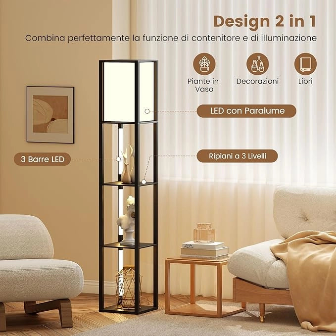 Lampada da Terra Moderna con Scaffali, Lampada a Mensola in Legno con 3 Strisce LED, Paralume, Luminosità Regolabile e Interruttore a Pedale, Scaffale Autoportante con Luce