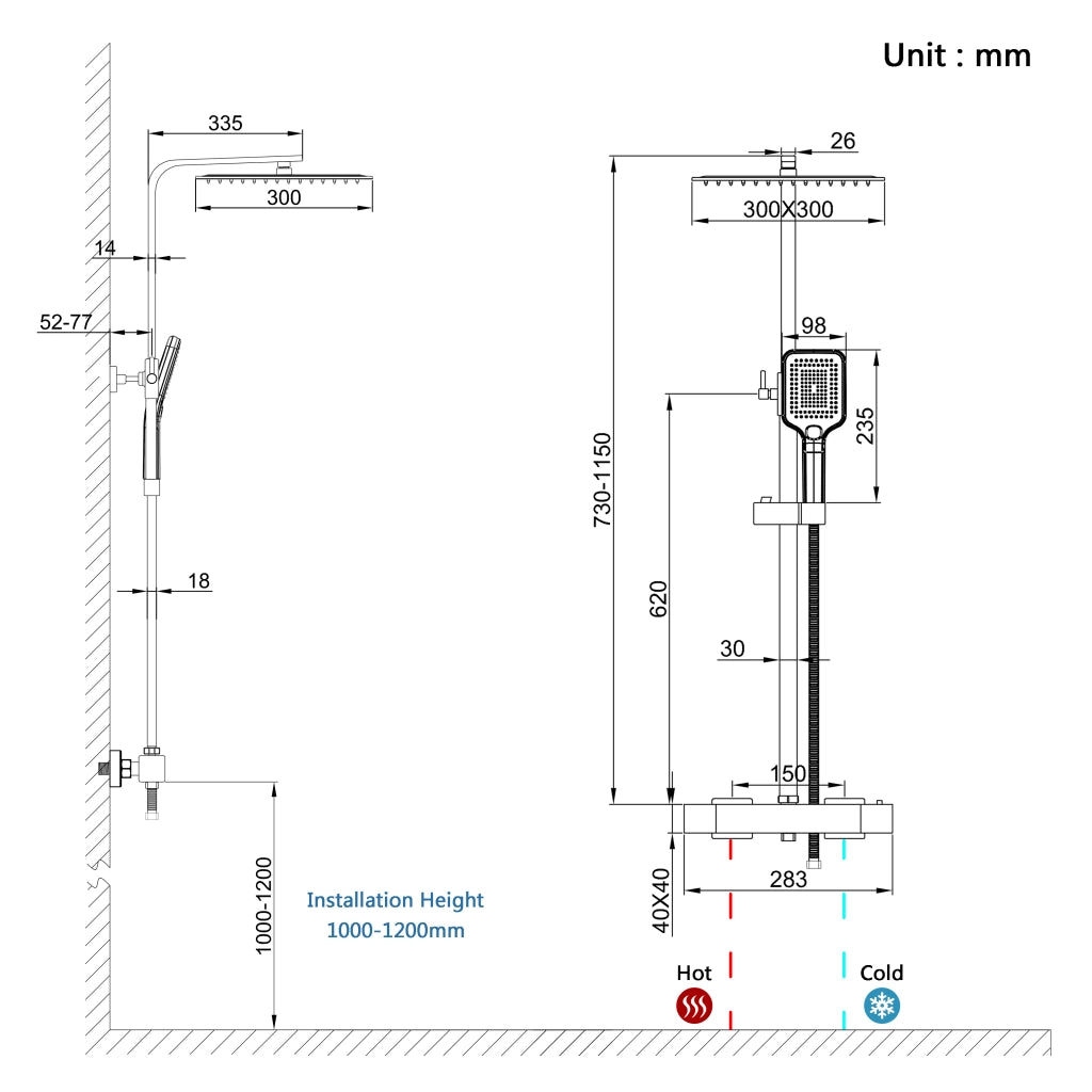 Colonna doccia con miscelatore termostatico, saliscendi doccia quadrato regolabile 73-115cm, cromo