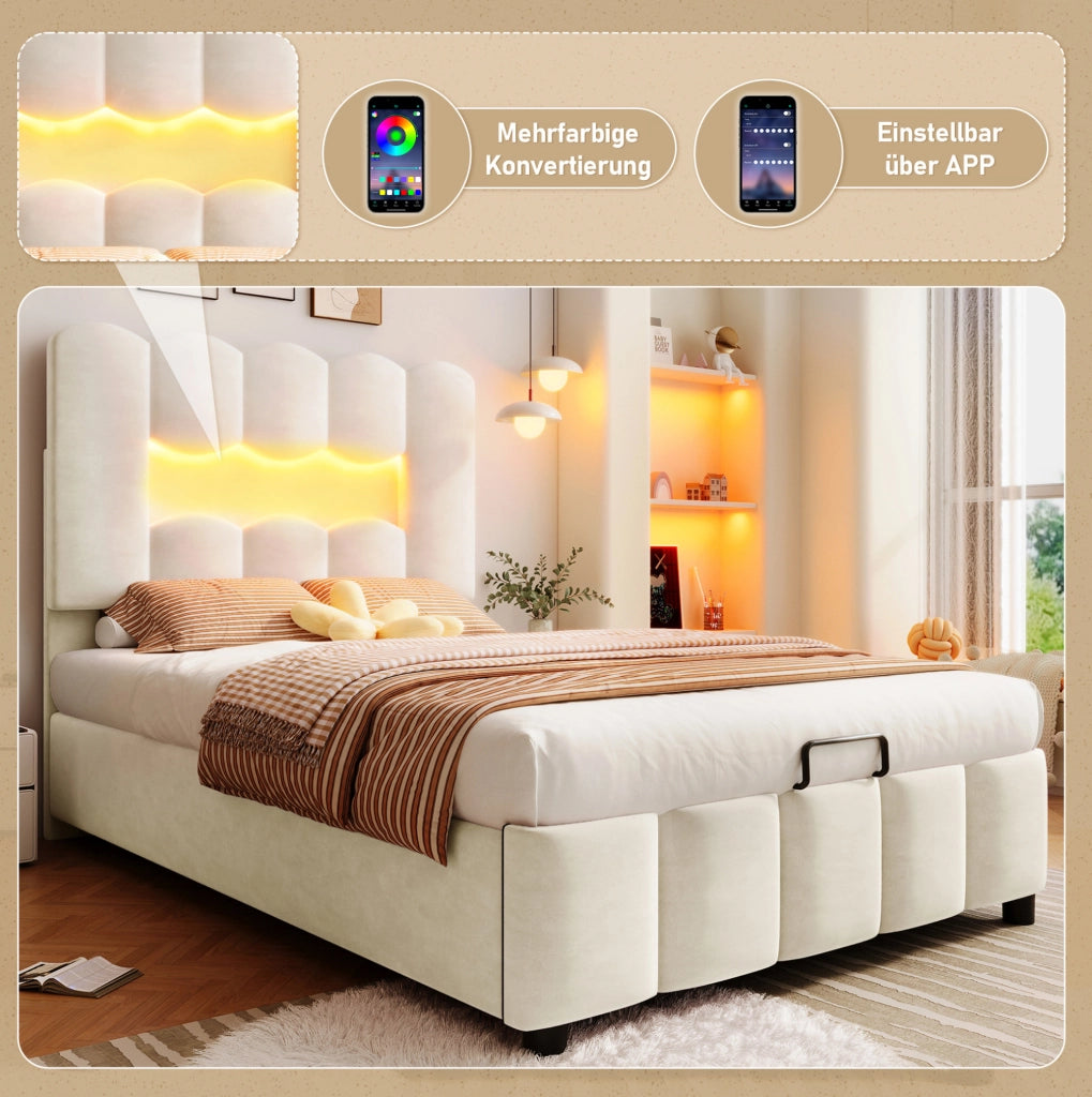 Letto imbottito 90 x 200 cm con contenitore idraulico e testiera regolabile