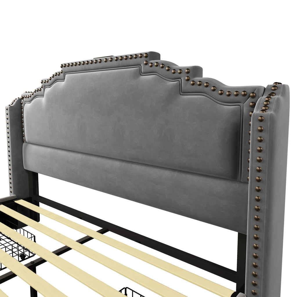 Letto matrimoniale 160x200 cm con 4 cassetti; LED; prese USB e Type-C; velluto grigio