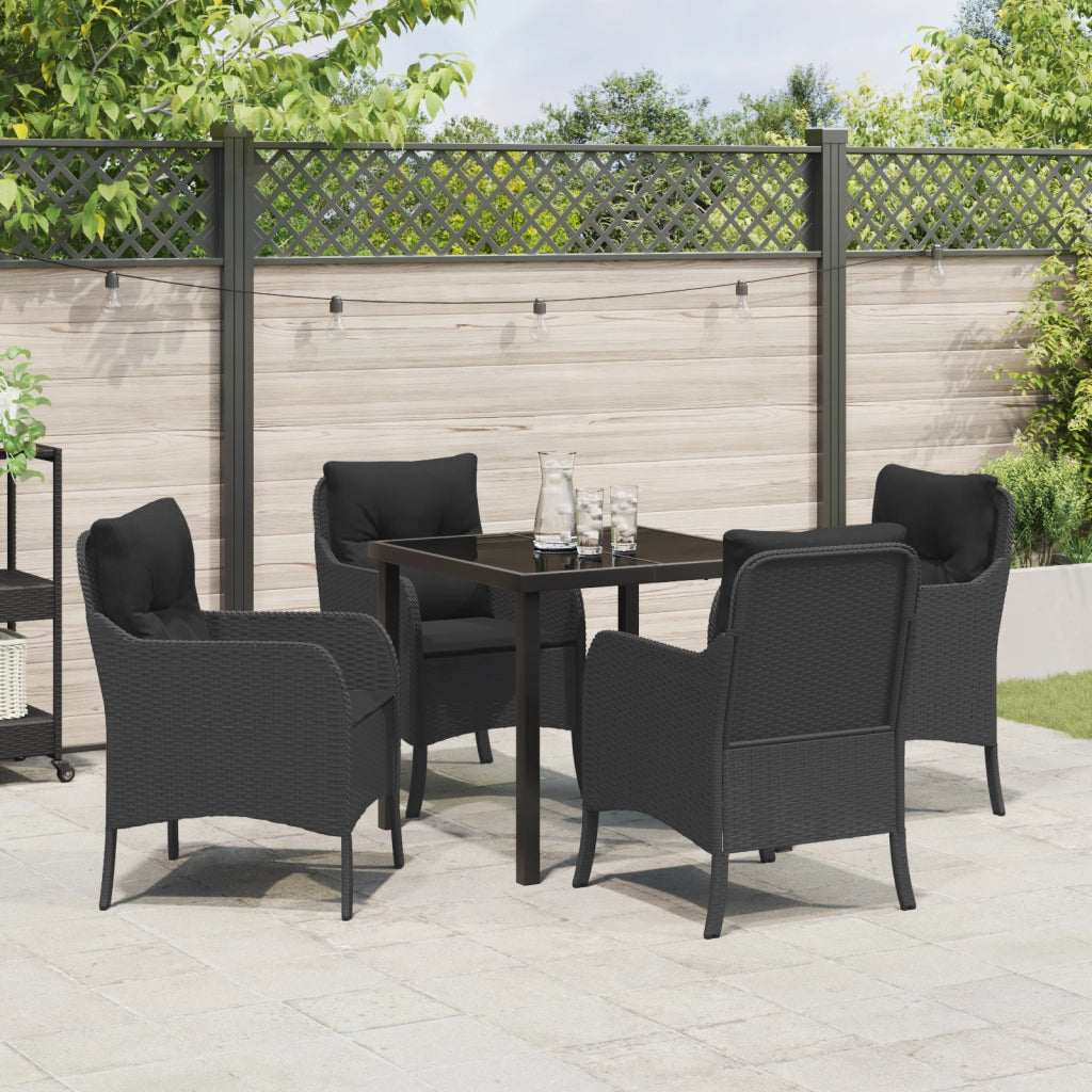 Set da pranzo da giardino a 5 pezzi con cuscini in rattan poliestere nero
