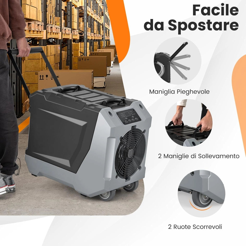 Deumidificatore Commerciale 85 L/Giorno, Deumidificatore con Pompa e Tubo di Scarico, Sbrinamento Automatico, 2 Ruote e Maniglia Pieghevole, Timer 24H, per Cantina Magazzino (Nero)