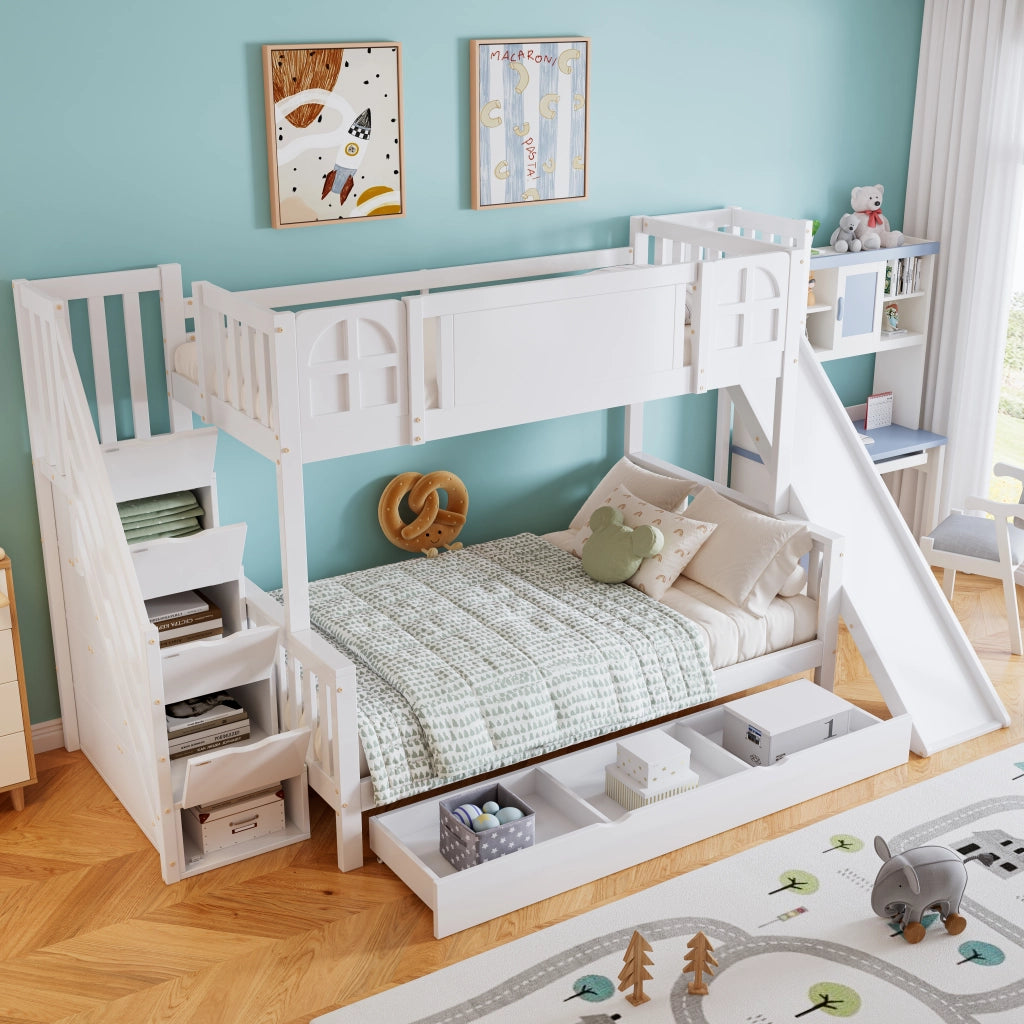 Letto a castello con scivolo e cassetti in legno massello e MDF 90x200 cm