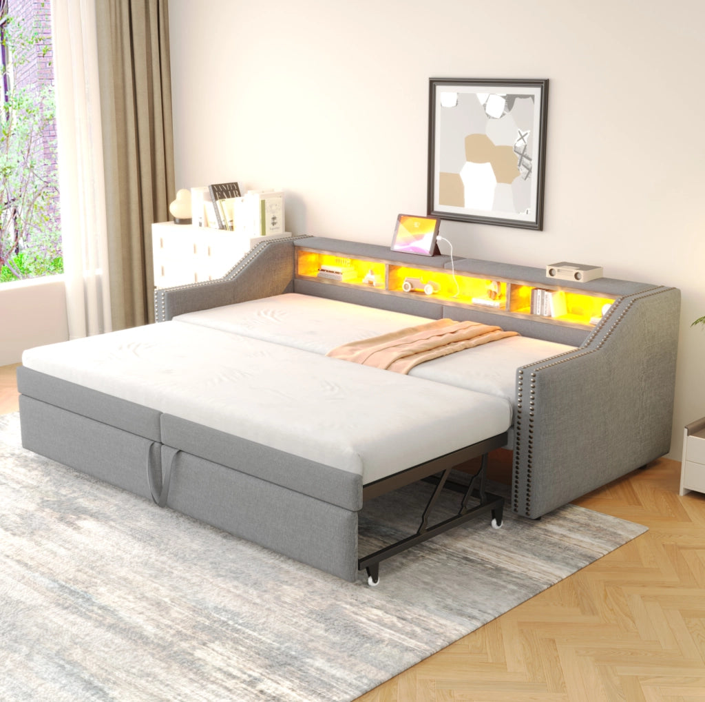 Divano letto imbottito ULEVR estraibile 90/180x200 cm con 3 vani, LED e USB, grigio chiaro