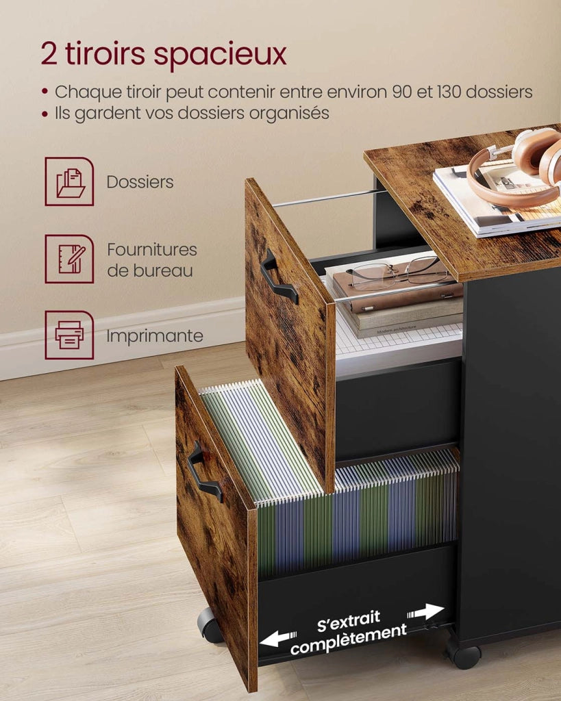 Mobiletto da ufficio con 2 cassetti su ruote 40 x 42 x 70 cm per documenti A4 e cartelle sospese stile industriale marrone 12_0004788