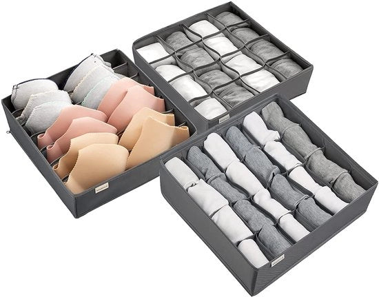 Organizzatore di carreggiata pieghevole, tessuto non tessuto, per sottovesti, reggiseni, calze, scatola di stoccaggio con divisori, spazievitore (lotto da 3, grigio)