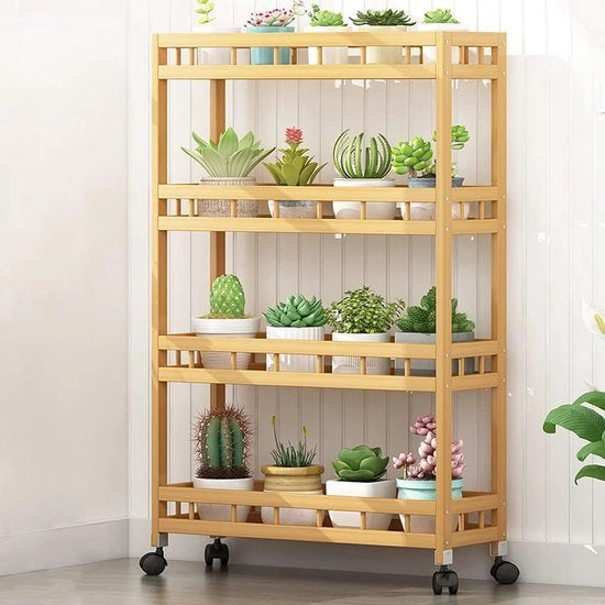 Carrello cucina, isola cucina, trolley su ruote, carrello da servizio, bamboo, carrello a ruote con 4 livelli, piccolo carrello a ruote per cucina da servizio, molto versatile (50 x 18 x 96 cm)