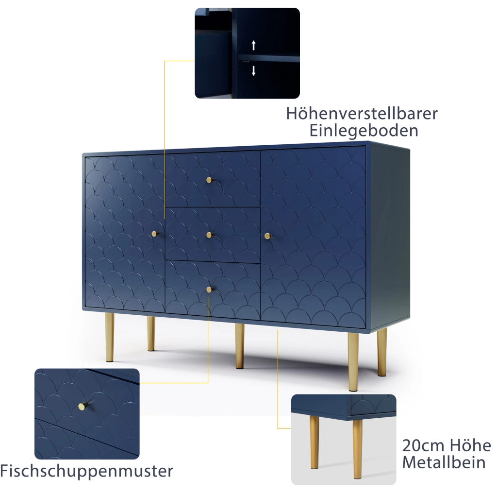 Credenza con 2 ante e 3 cassetti 120x40x83 cm in truciolare e metallo; blu navy