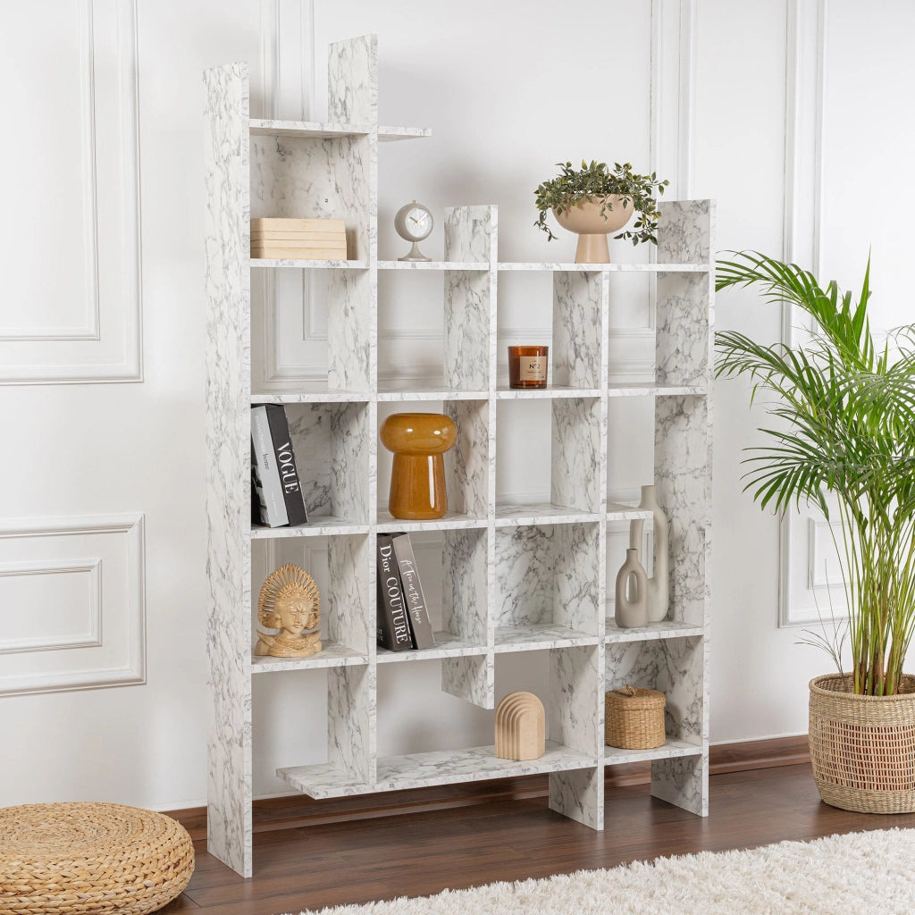 Libreria in legno "Manco" - 122 x 25 x 188 cm - Bianco marmorizzato