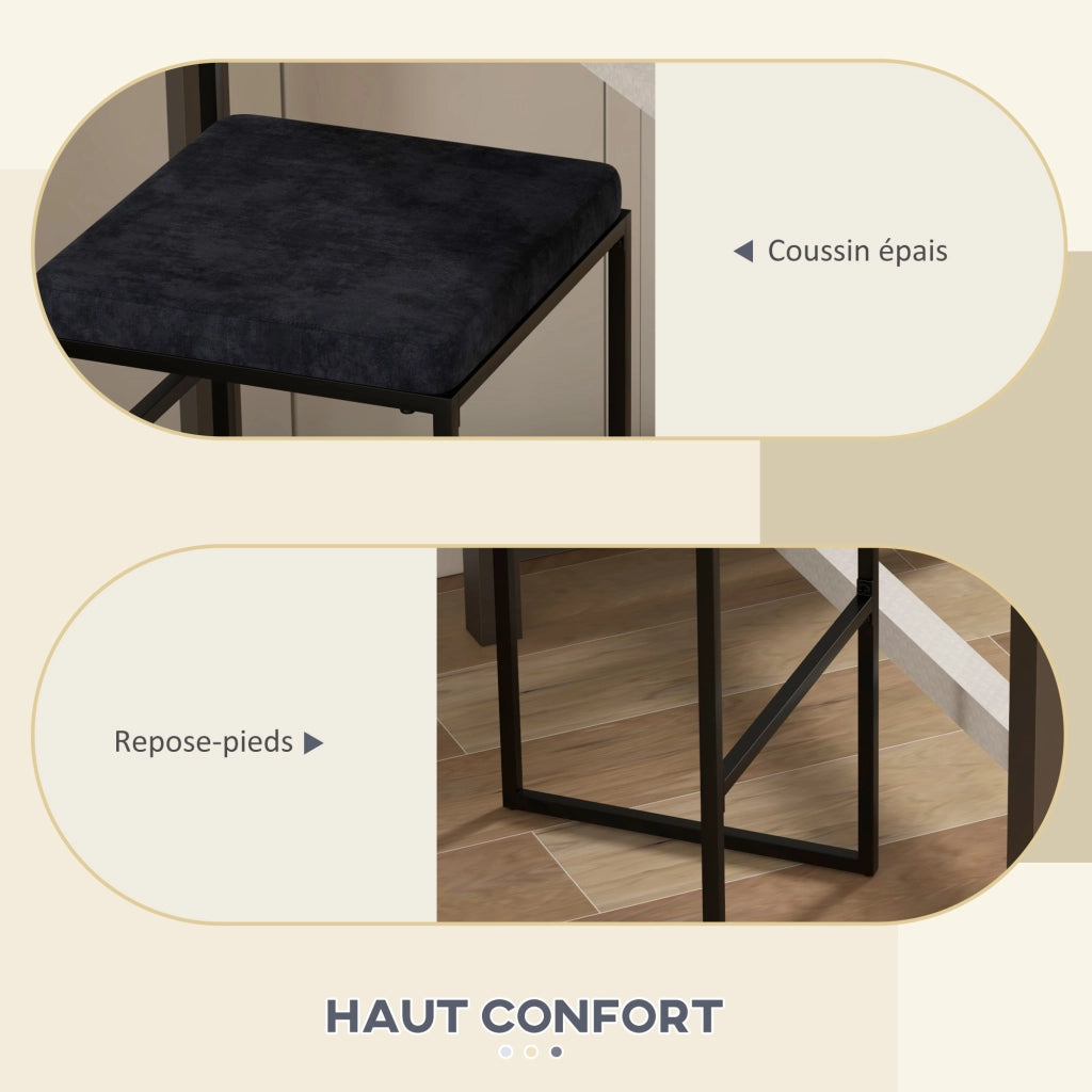 Set 2 Sgabelli Alti da Bar ¨C Xylo ¨C Velluto Nero con Cuscino e Poggiapiedi H74cm