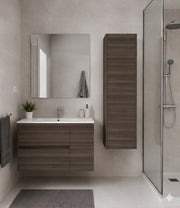 Mobile Bagno HEIMDALL Già Montato 2 cassetti e porta, lavabo e specchio Frassino tea 50x40 cm con colonna