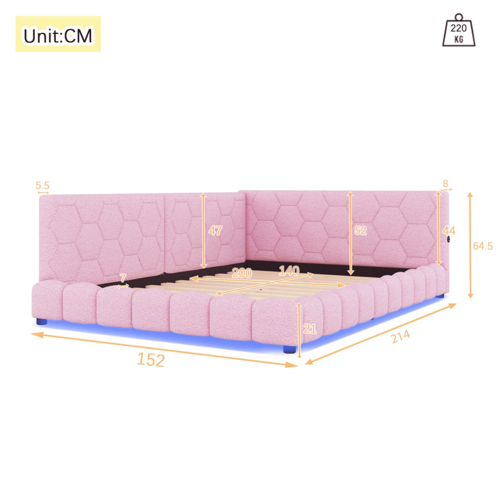 Divano letto 140x200 cm con luci LED; velluto e MDF; rosa (Senza materasso)