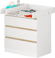 Cassettiera con Fasciatoio per Bambini, Cassettiera a 3 Cassetti, Fasciatoio con Divisorio Rimovibile, in MDF, Truciolare e Metallo, Bianco+Rovere