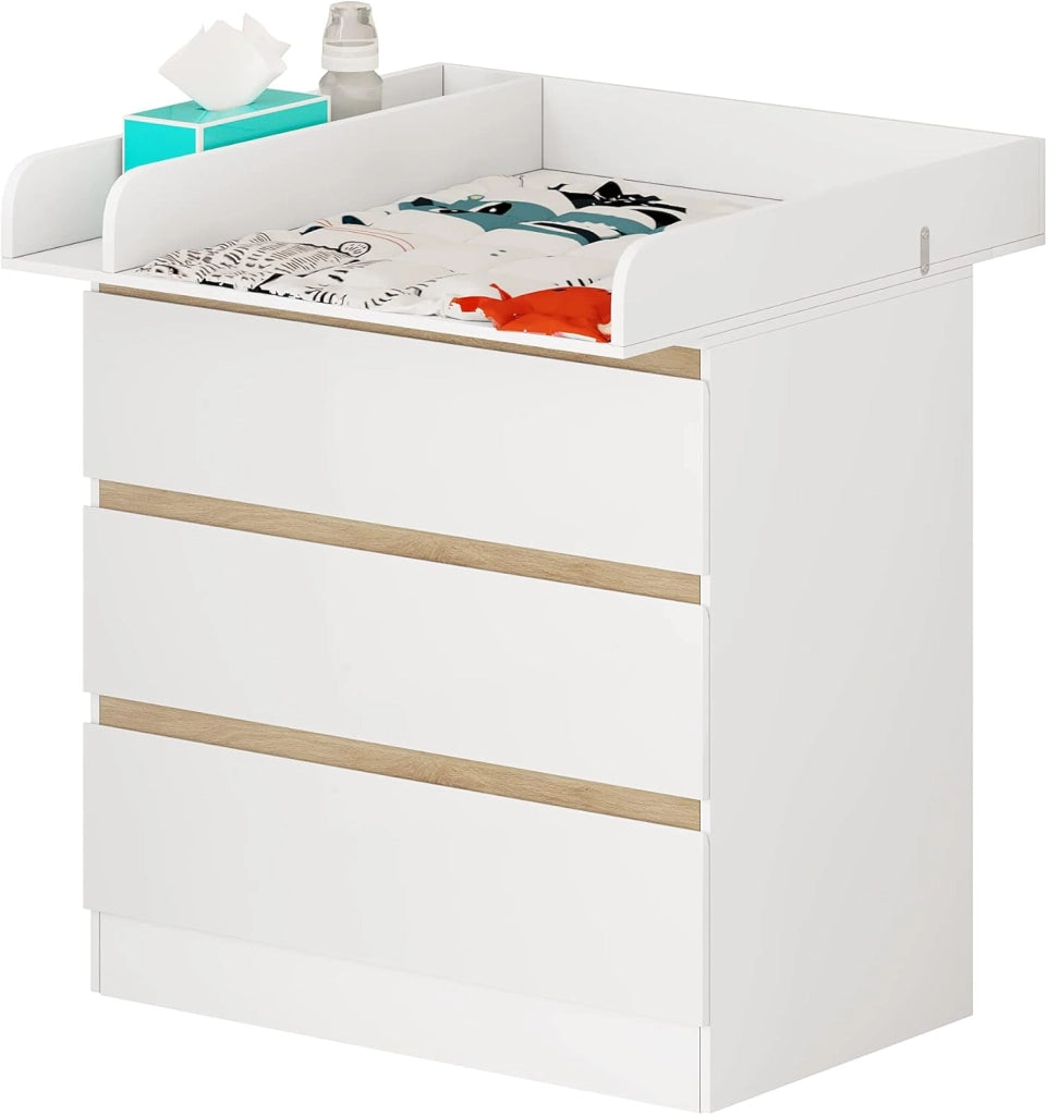 Cassettiera con Fasciatoio per Bambini, Cassettiera a 3 Cassetti, Fasciatoio con Divisorio Rimovibile, in MDF, Truciolare e Metallo, Bianco+Rovere