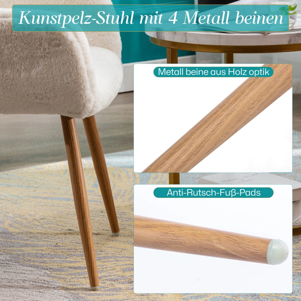 Sedia da pranzo in pelliccia sintetica con braccioli e gambe in metallo effetto legno bianco per sala da pranzo