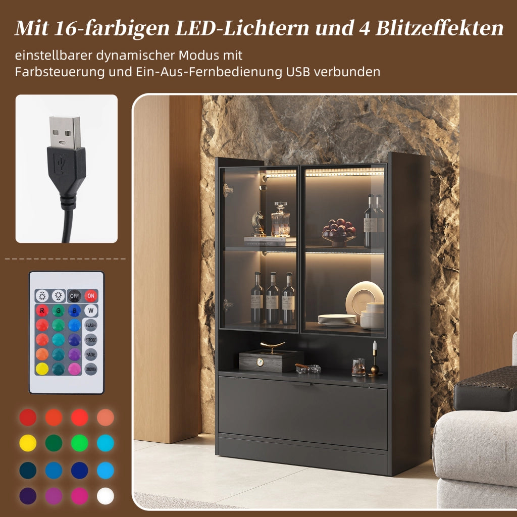Vetrina con LED e ante in vetro temperato, vano ribaltabile, per soggiorno, in truciolare, nero, 120 × 80 × 35 cm