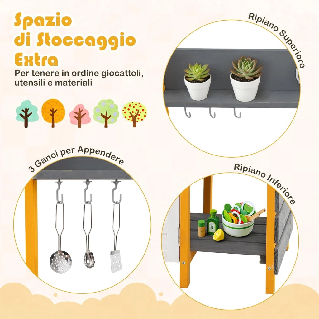 Cucina Giocattolo in Legno, Cucina per Bambini all'Aperto con Fornelli, Lavabo Rimovibile, Rubinetto, Forno, Ganci Appesi e Mensole Portaoggetti, Set di Gioco in Legno per Bambini 3+ Anni
