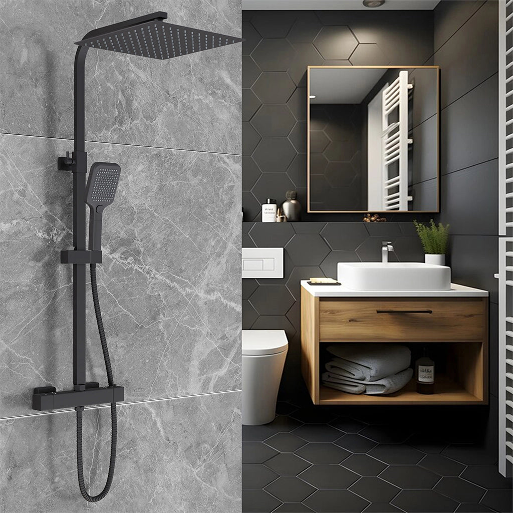 Miscelatore termostatico doccia con soffione 30x30cm e doccetta 25x10cm, colonna doccia rettangolare nero