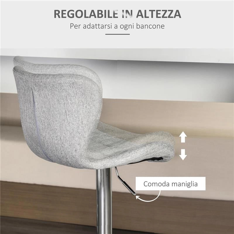 SET 2 SGABELLI DA BAR GIREVOLI CON ALTEZZA REGOLABILE POGGIAPIEDI E SCHIENALE IN TESSUTO GRIGIO