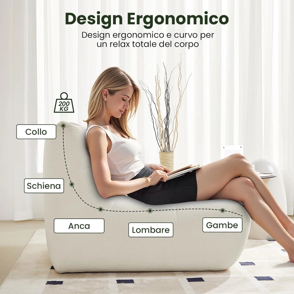 Poltrona Imbottita da Terra, Pouf Poltrona con Schienale, Sfoderabile, per Soggiorno, Camera da Letto, Balcone, 98x84x73 cm, in Spugna, Beige, 0033XXY