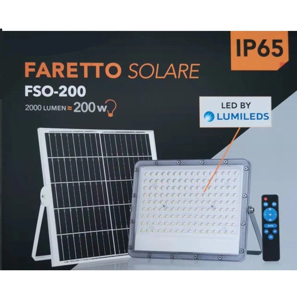 Trade Shop - Faretto Faro Led Solare 200 W Telecomando Ip65 Luce Bianco Fredda 6500k Fso-200 -