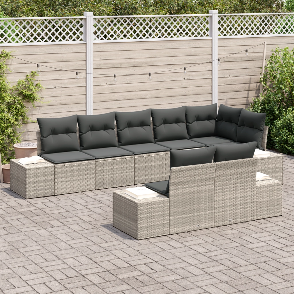 Set di Divani da Giardino da 8 Pezzi con Cuscini Grigio Chiaro Polyrattan