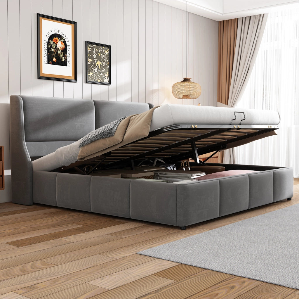 Letto matrimoniale imbottito grigio 160 x 200 cm con vano contenitore