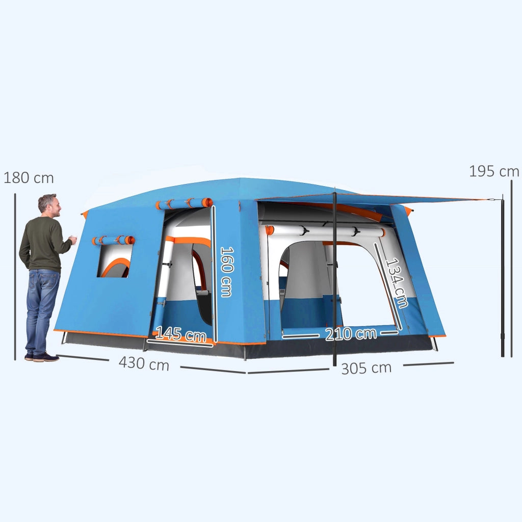 Tenda da Campeggio Impermeabile e UPF 30+ 430x305x195 cm per 4-6 Persone con 2 Stanze Blu