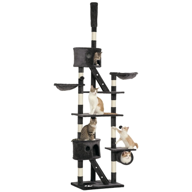 Albero Tiragraffi da Soffitto 240-260 cm con Piattaforme, Corde in Sisal e Rivestimento in Peluche, Grigio Scuro