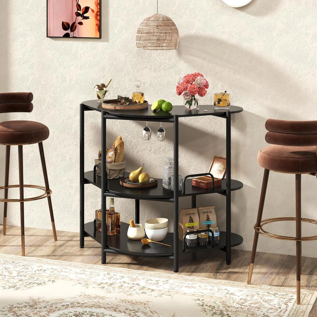 Unità Bar per Liquori, Tavolo Bar Angolare a 3 Ripiani con Portabicchieri da Vino, Altezza Corretta, Paracolpi Metallico Elevato, Scaffale per Vino per Cucina, Sala da Pranzo, Pub (nero)