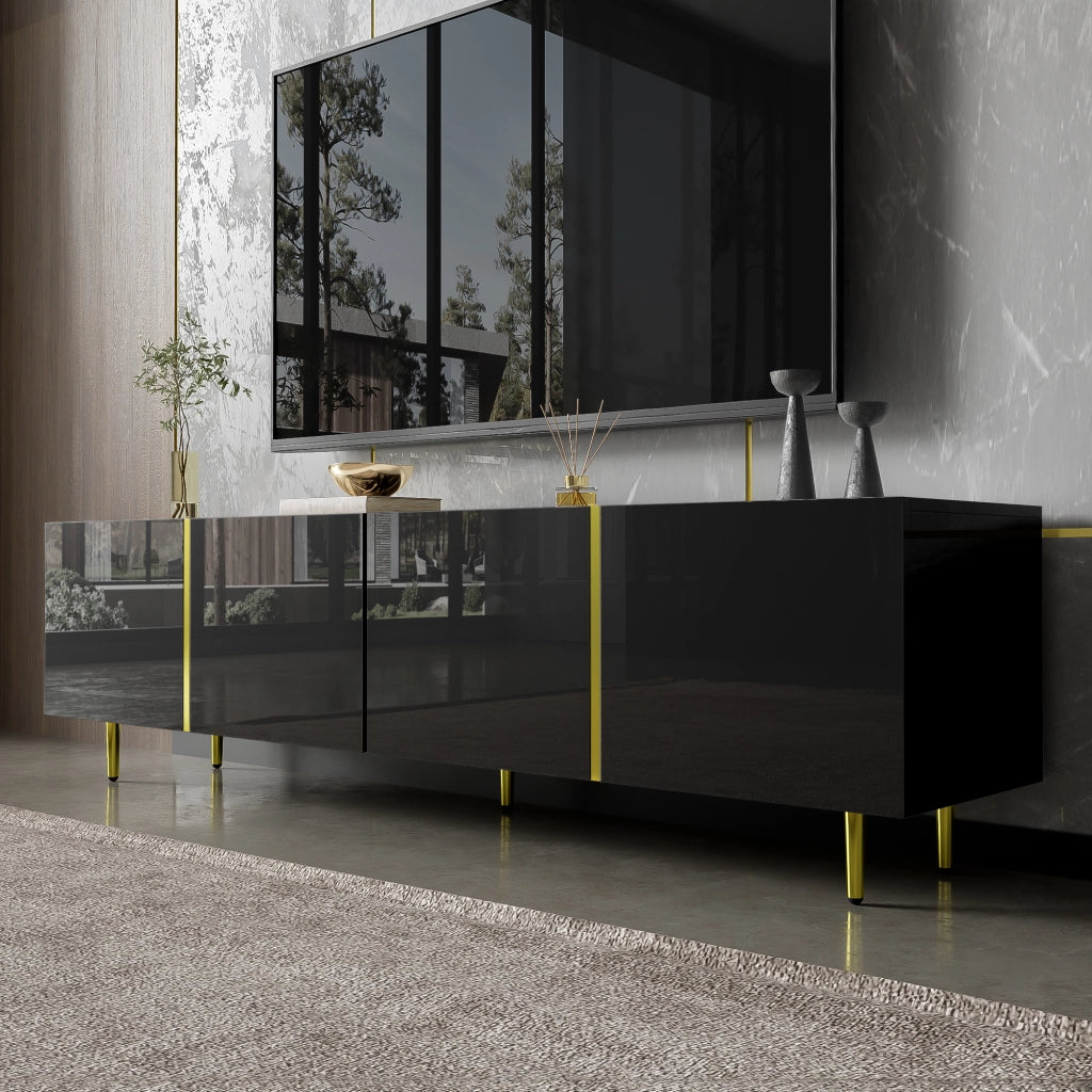 Mobile porta TV con 4 ante in MDF lucido nero con dettagli oro, moderno e facile da pulire 170 × 35 × 46 cm
