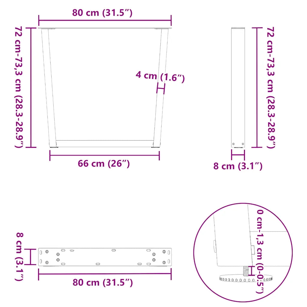 Gambe per tavolo da pranzo a forma di V 3 pz bianche 80x(72-73,3) cm in acciaio